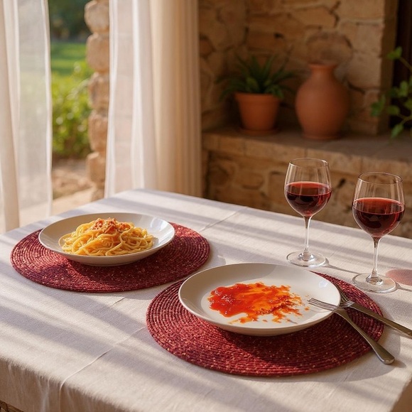 Tahari Set of 4 Round Woven Placemats Red With Gold Thread 15” Polyester - Picture 2 of 3